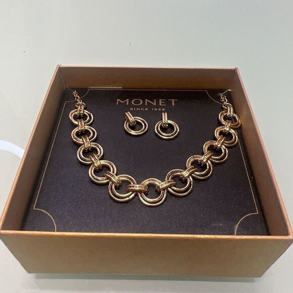 Monet Gold Coloured Clear Stone Necklace And Earring Set Boxed - Picture 1 of 4